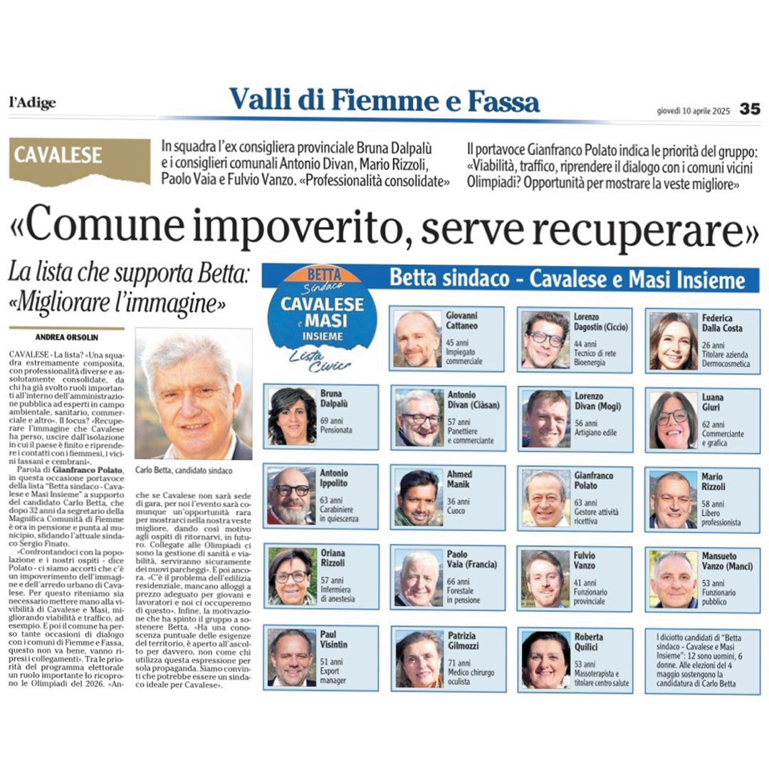 Articolo Adige 10-04-2025 Carlo Betta Candidato Sindaco a Cavalese