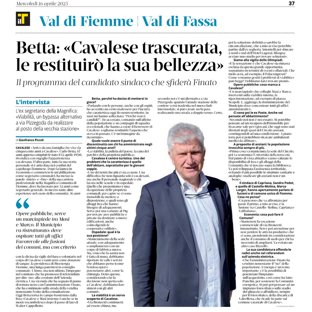 Articolo Adige 16-04-2025 Carlo Betta Candidato Sindaco a Cavalese
